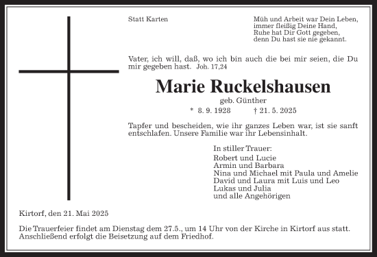 Traueranzeige von Marie Ruckelshausen von Oberhessische Zeitung