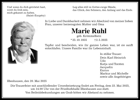 Traueranzeige von Marie Ruhl von Lauterbacher Anzeiger