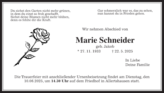 Traueranzeige von Marie Schneider von Giessener Anzeiger