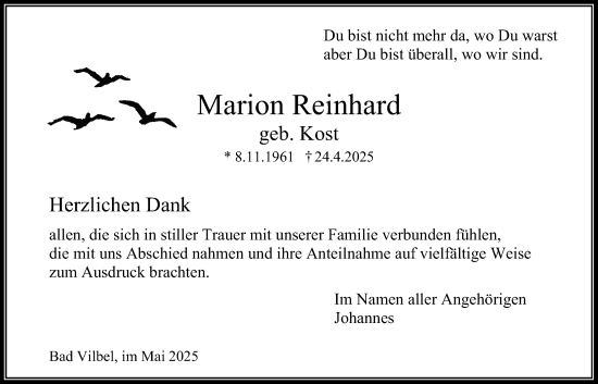 Traueranzeige von Marion Reinhard von Bad Vilbel/Karben