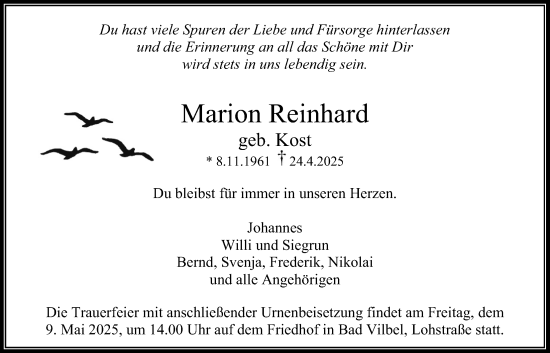 Traueranzeige von Marion Reinhard von Bad Vilbel/Karben
