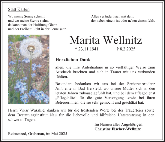 Traueranzeige von Marita Wellnitz von Oberhessische Zeitung