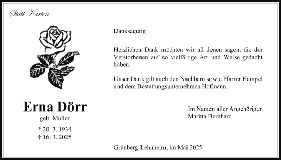 Traueranzeige von Maritta Bernhard von Giessener Allgemeine, Alsfelder Allgemeine