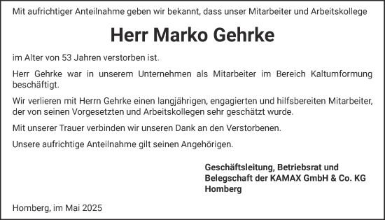 Traueranzeige von Marko Gehrke von Giessener Allgemeine, Alsfelder Allgemeine