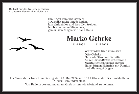 Traueranzeige von Marko Gehrke von Oberhessische Zeitung, Alsfelder Allgemeine