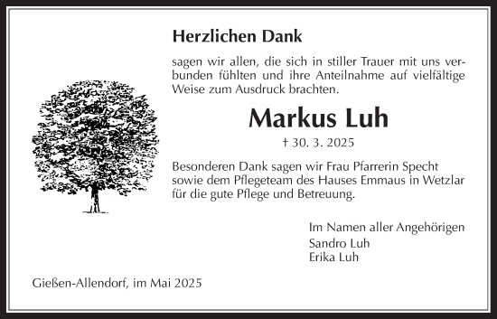 Traueranzeige von Markus Luh von Giessener Allgemeine, Alsfelder Allgemeine