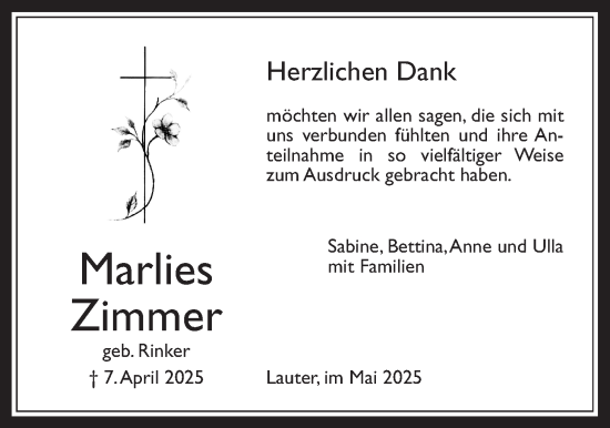 Traueranzeige von Marlies Zimmer von Giessener Allgemeine, Alsfelder Allgemeine