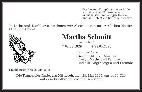 Traueranzeige von Martha Schmitt von Giessener Allgemeine, Alsfelder Allgemeine