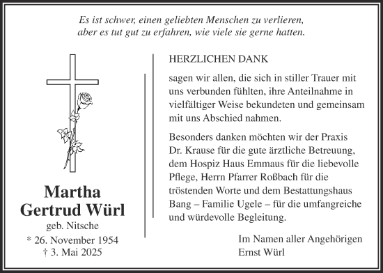 Traueranzeige von Martha Gertrud Würl von Butzbacher Zeitung