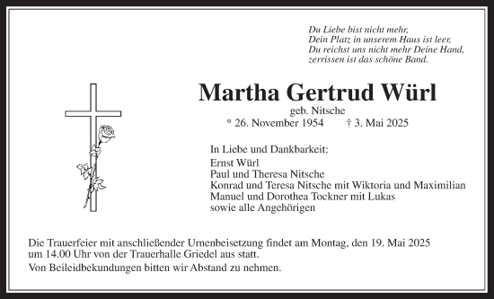Traueranzeige von Martha Gertrud Würl von Butzbacher Zeitung