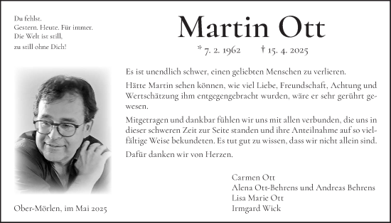 Traueranzeige von Martin Ott von Usinger Anzeigenblatt, Wetterauer Zeitung