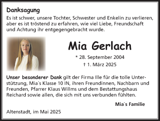Traueranzeige von Mia Gerlach von Kreis-Anzeiger