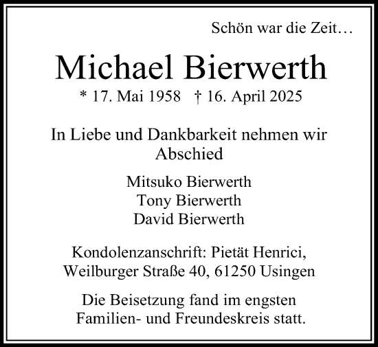 Traueranzeige von Michael Bierwerth von Usinger Anzeiger