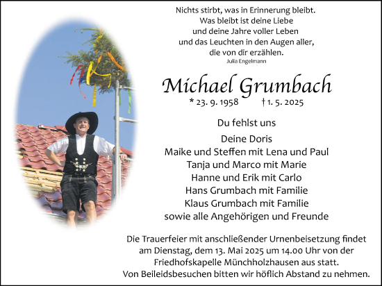 Traueranzeige von Michael Grumbach von Giessener Allgemeine, Alsfelder Allgemeine, Giessener Anzeiger