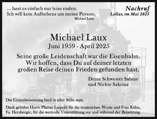 Traueranzeige von Michael Laux von Giessener Allgemeine, Alsfelder Allgemeine