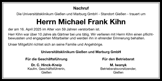 Traueranzeige von Michael Frank Kihn von Giessener Allgemeine, Alsfelder Allgemeine, Giessener Anzeiger, Giessener Allgemeine, Alsfelder Allgemeine, Giessener Anzeiger