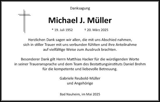 Traueranzeige von Michael J. Müller von Wetterauer Zeitung