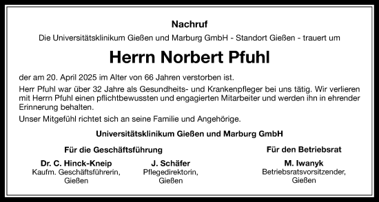 Traueranzeige von Norbert Pfuhl von Giessener Allgemeine, Alsfelder Allgemeine