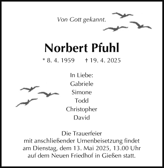 Traueranzeige von Norbert Pfuhl von Giessener Allgemeine, Alsfelder Allgemeine