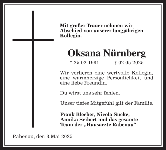 Traueranzeige von Oksana Nürnberg von Giessener Allgemeine, Alsfelder Allgemeine, Giessener Anzeiger
