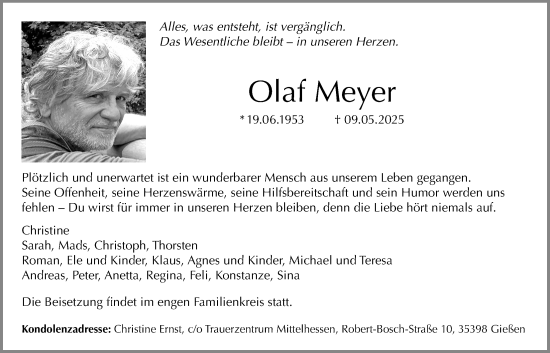Traueranzeige von Olaf Meyer von Giessener Allgemeine, Alsfelder Allgemeine, Giessener Anzeiger