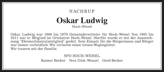 Traueranzeige von Oskar Ludwig von Butzbacher Zeitung