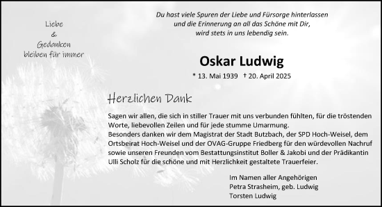 Traueranzeige von Oskar Ludwig von Butzbacher Zeitung