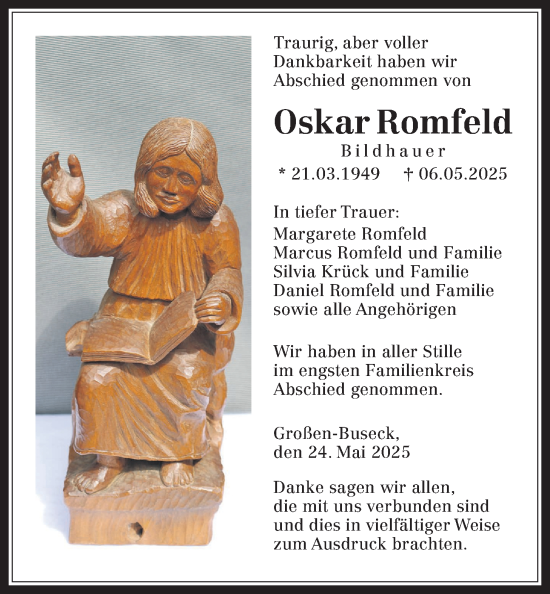 Traueranzeige von Oskar Romfeld von Giessener Allgemeine, Alsfelder Allgemeine, Giessener Anzeiger