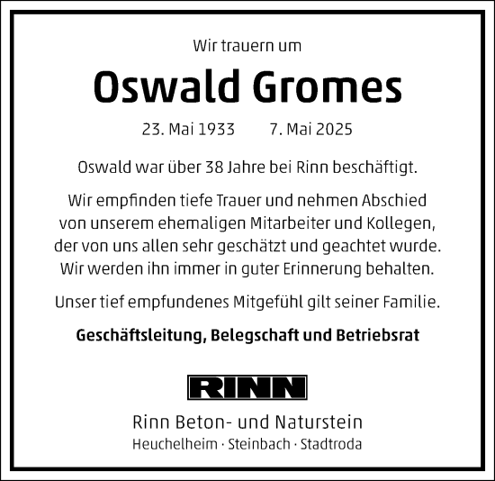 Traueranzeige von Oswald Gromes von Giessener Anzeiger, Giessener Allgemeine, Alsfelder Allgemeine