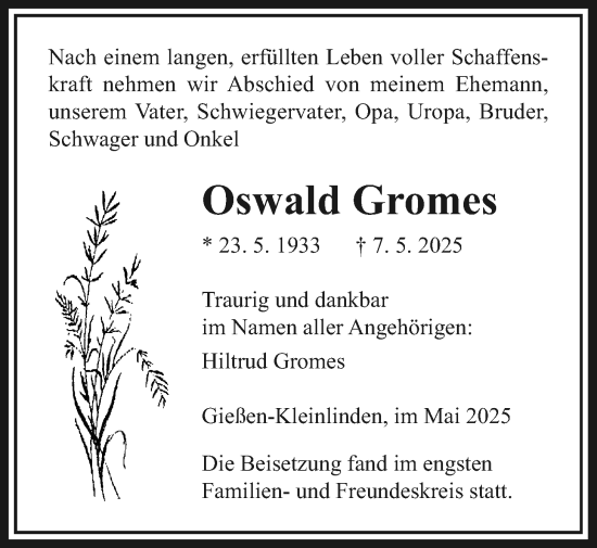 Traueranzeige von Oswald Gromes von Giessener Allgemeine, Alsfelder Allgemeine