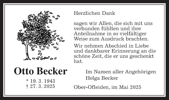 Traueranzeige von Otto Becker von Oberhessische Zeitung, Alsfelder Allgemeine, Oberhessische Zeitung, Alsfelder Allgemeine
