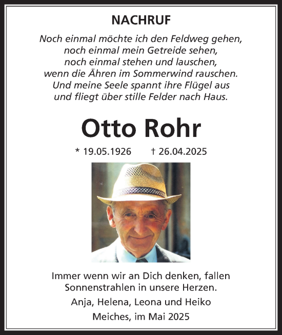 Traueranzeige von Otto Rohr von Oberhessische Zeitung, Lauterbacher Anzeiger, Oberhessische Zeitung, Lauterbacher Anzeiger