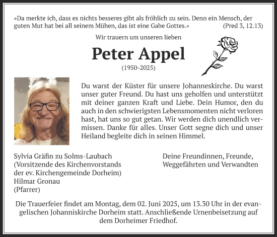 Traueranzeige von Peter Appel von Wetterauer Zeitung