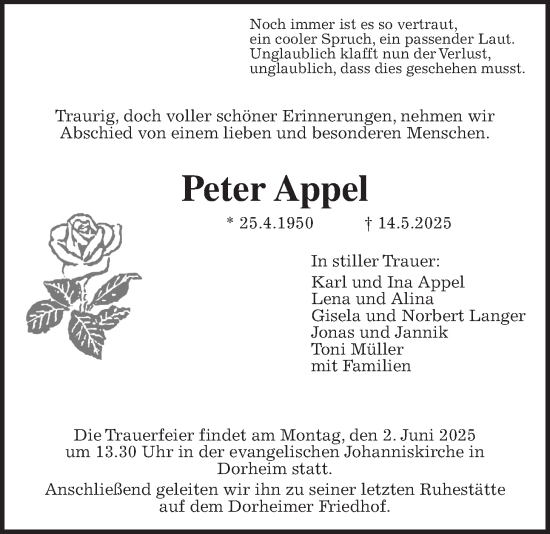 Traueranzeige von Peter Appel von Wetterauer Zeitung