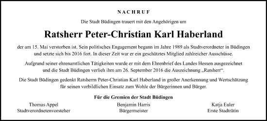 Traueranzeige von Peter-Christian Karl Haberland von Kreis-Anzeiger