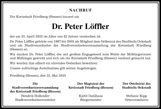 Traueranzeige von Peter Löffler von Wetterauer Zeitung