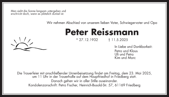 Traueranzeige von Peter Reissmann von Wetterauer Zeitung