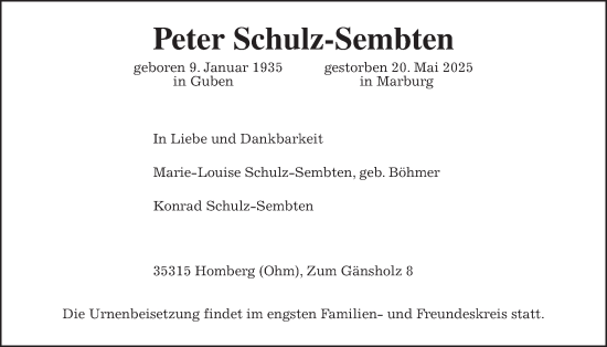 Traueranzeige von Peter Schulz-Sembten von Giessener Allgemeine, Alsfelder Allgemeine