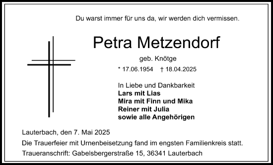Traueranzeige von Petra Metzendorf von Lauterbacher Anzeiger