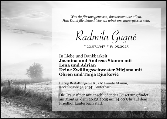Traueranzeige von Radmila Gugac von Lauterbacher Anzeiger