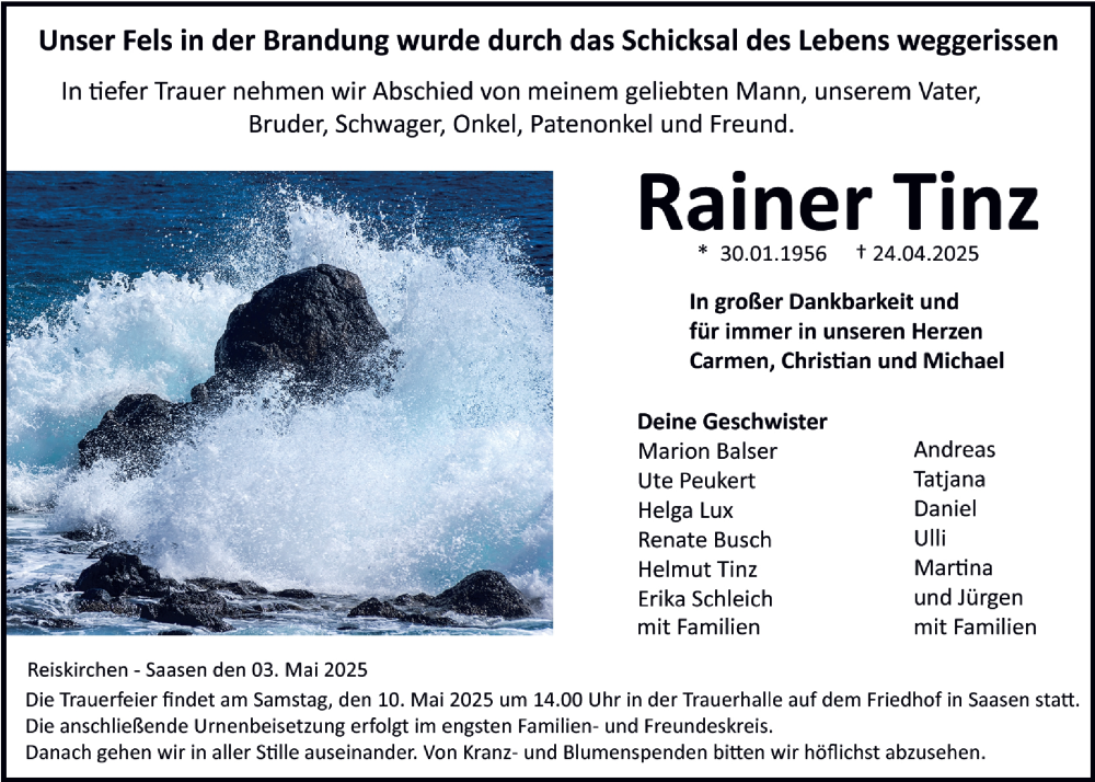  Traueranzeige für Rainer Tinz vom 03.05.2025 aus Giessener Allgemeine, Alsfelder Allgemeine