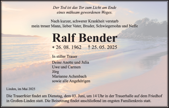 Traueranzeige von Ralf Bender von Giessener Anzeiger, Giessener Allgemeine, Alsfelder Allgemeine