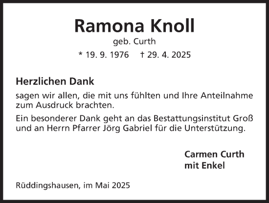 Traueranzeige von Ramona Knoll von Rabenauer Zeitung
