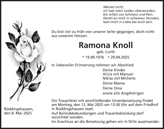 Traueranzeige von Ramona Knoll von Rabenauer Zeitung