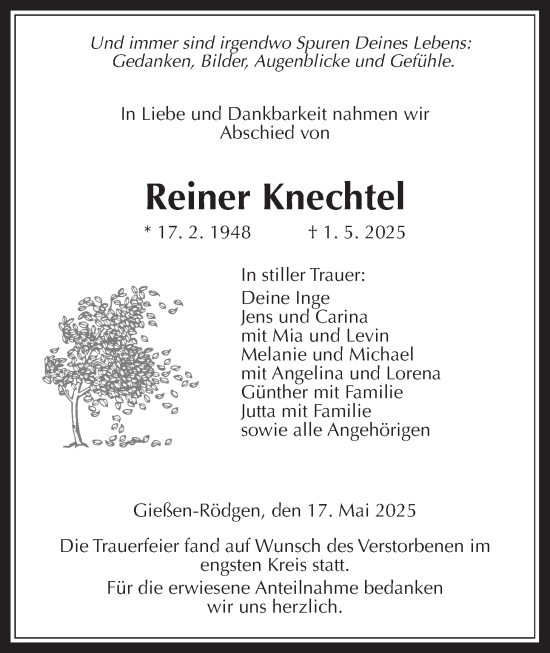Traueranzeige von Reiner Knechtel von Giessener Allgemeine, Alsfelder Allgemeine, Giessener Anzeiger