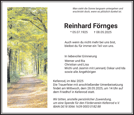 Traueranzeige von Reinhard Förnges von Kreis-Anzeiger