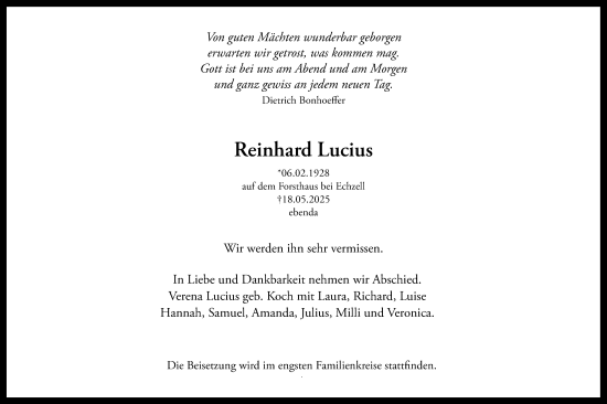 Traueranzeige von Reinhard Lucius von Wetterauer Zeitung