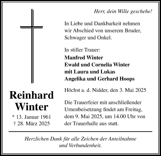 Traueranzeige von Reinhard Winter von Kreis-Anzeiger