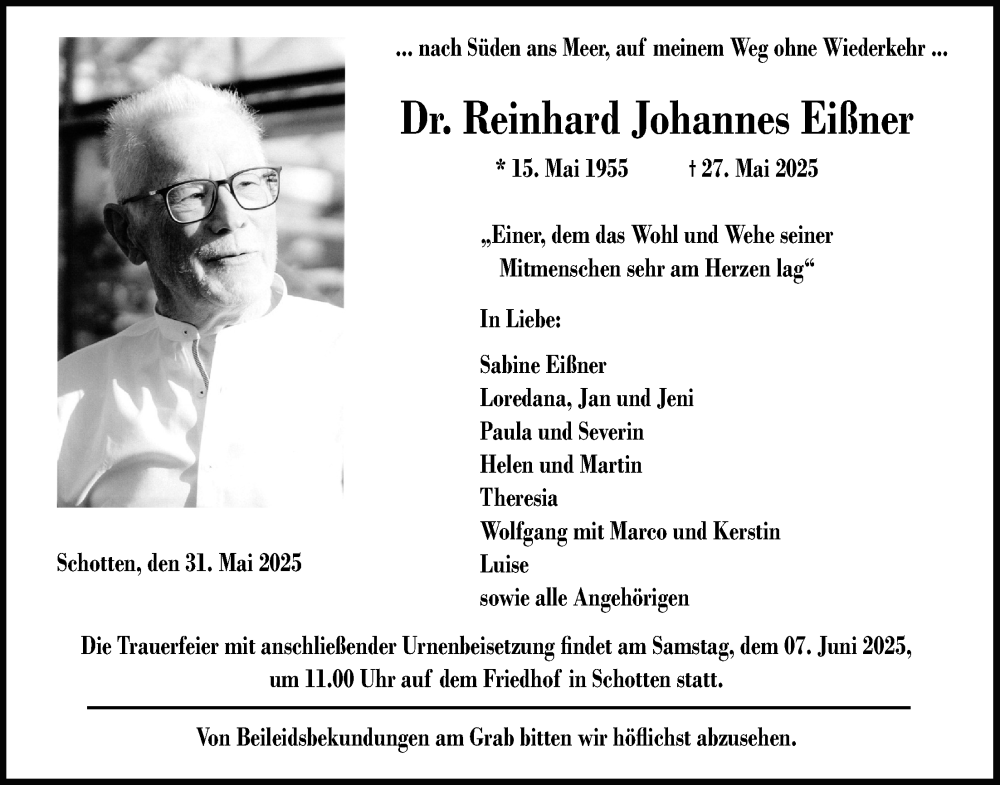  Traueranzeige für Reinhard Johannes Eißner vom 31.05.2025 aus Kreis-Anzeiger