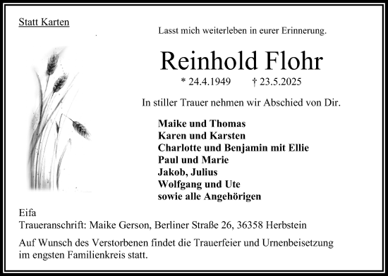Traueranzeige von Reinhold Flohr von Oberhessische Zeitung